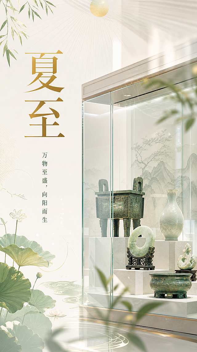 夏至节气海报，博物馆展柜中文静陈列着文物，整体风格简洁大气，设计富有生命力，清新雅致
