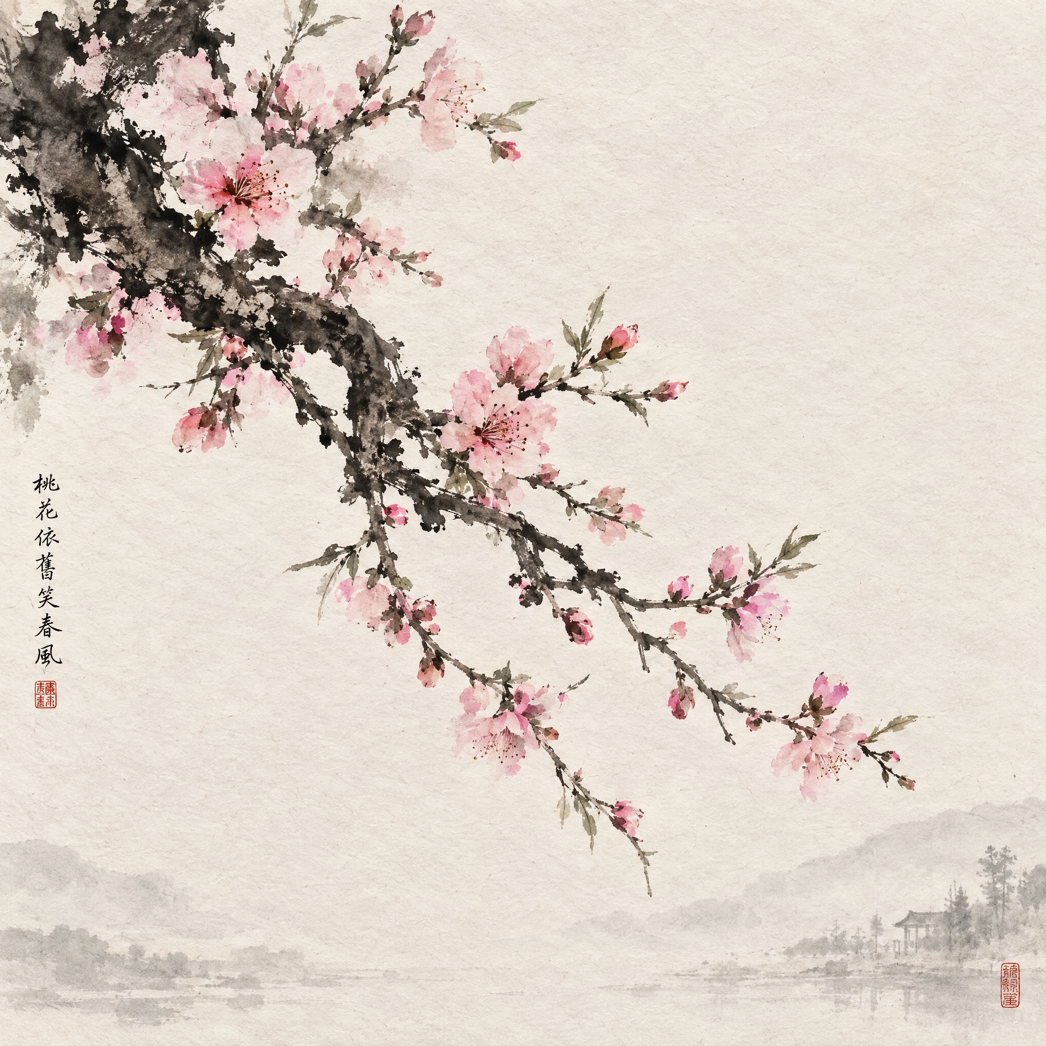 中国传统水墨画风格，水墨桃花枝条从画面左上角自然倾斜伸展而出，… - 图片创意预览