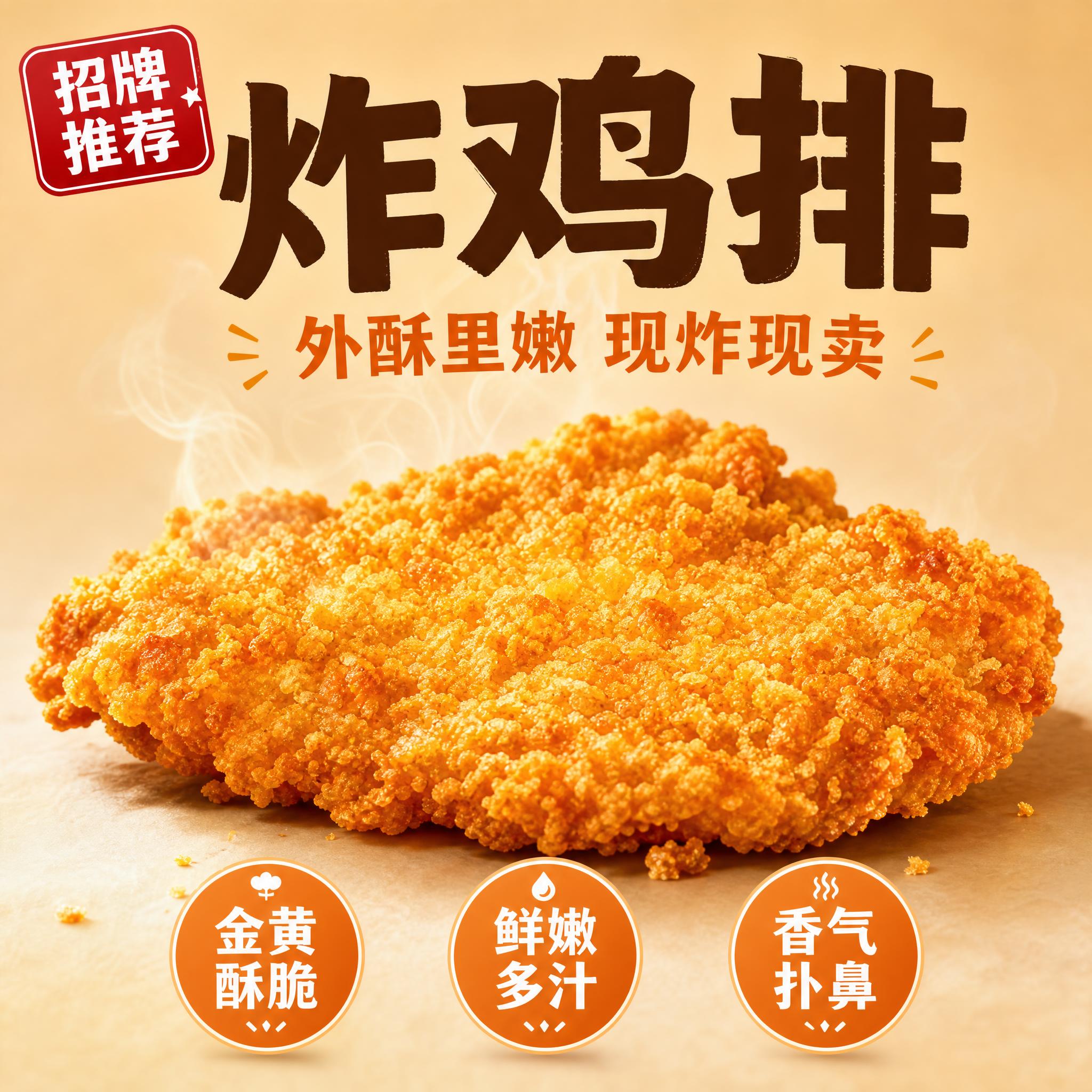 一张简约美观的炸鸡排广告海报，正方形1:1比例。画面中央是一块… - 图片创意预览