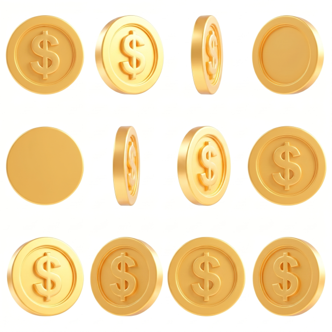 将金币上的星星图标替换为立体金色美元$符号，保持金币旋转序列布局、金色3D风格和整体效果不变预览效果