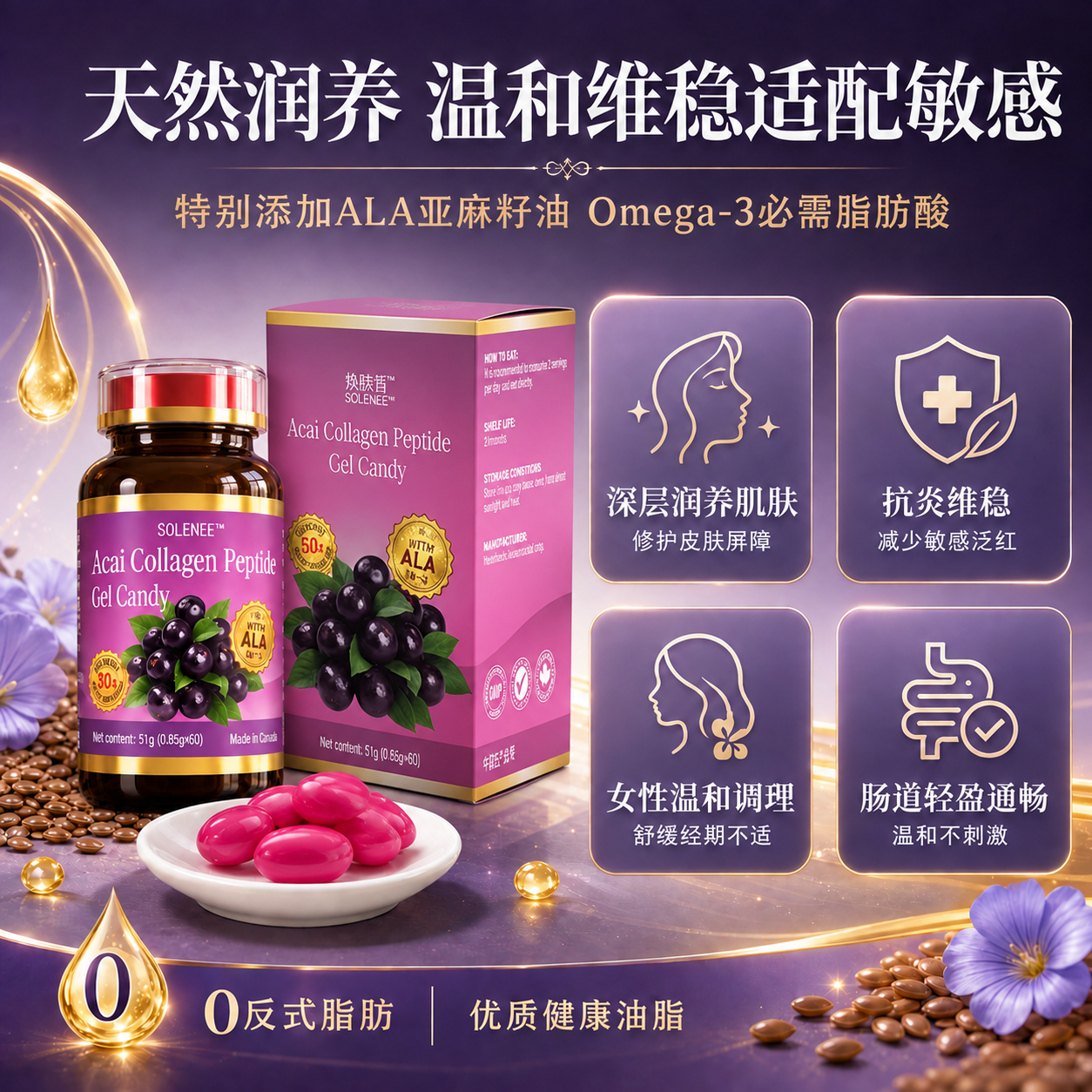 将图中的紫色包装盒替换为参考图中的粉紫色包装盒，盒身为粉紫色配… - 图片创意预览