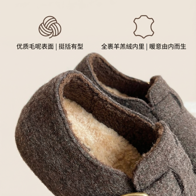 核心材质卖点图

布局：将鞋子侧面45度摆放，重点展示内部厚厚的羊羔绒。毛呢表面和羊羔绒内里要有特写质感对比。

文案：用图标+简短文字说明。

图标1（毛呢）：优质毛呢表面 | 挺括有型

图标2（预览效果