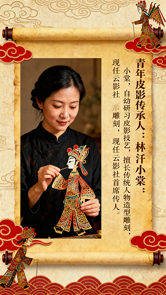 古风卷轴样式的青年女性皮影传承人介绍图，卷轴展开，左侧放置女传承人的半身肖像，她手持精美的皮影作品，右侧书写传承人介绍文字，卷轴边缘装饰传统祥云纹样和皮影造型，宣纸质感，中式古典国风，竖版排版
