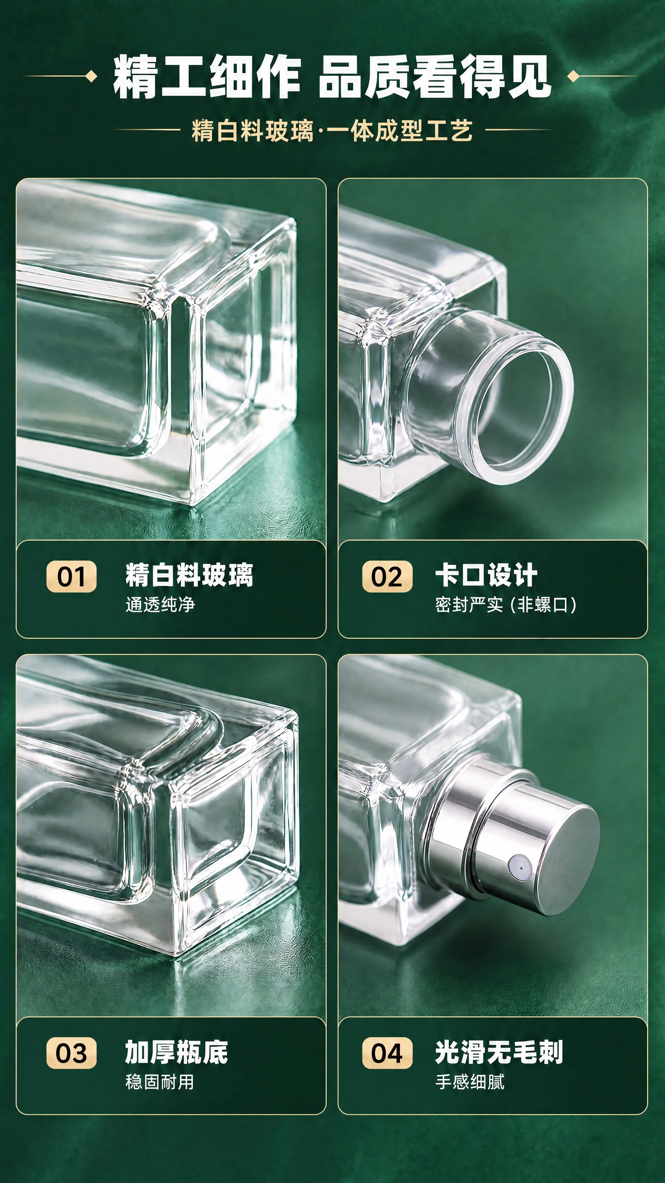 修改这张四宫格详情页：1）将顶部副标题和01卡片中的"高白料玻… - 图片创意预览