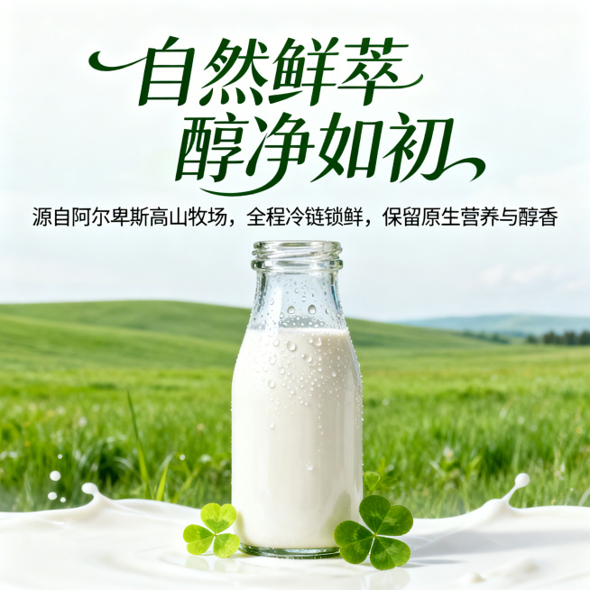 高端牛奶广告海报，采用自然清新的森系高端风格，主色调为清新绿色搭配奶白色。画面里绿色的草原背景前摆放玻璃瓶装的鲜牛奶，瓶身带着细密的水珠，旁边点缀几片嫩绿的三叶草。上方是飘逸艺术字体标题"自然鲜萃 醇预览效果