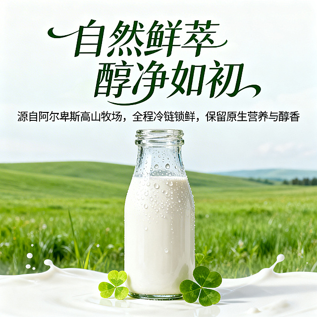 高端牛奶广告海报，采用自然清新的森系高端风格，主色调为清新绿色搭配奶白色。画面里绿色的草原背景前摆放玻璃瓶装的鲜牛奶，瓶身带着细密的水珠，旁边点缀几片嫩绿的三叶草。上方是飘逸艺术字体标题"自然鲜萃 醇净如初"，下方文案"源自阿尔卑斯高山牧场，全程冷链锁鲜，保留原生营养与醇香"，画面清新高级，凸显牛奶的天然优质。