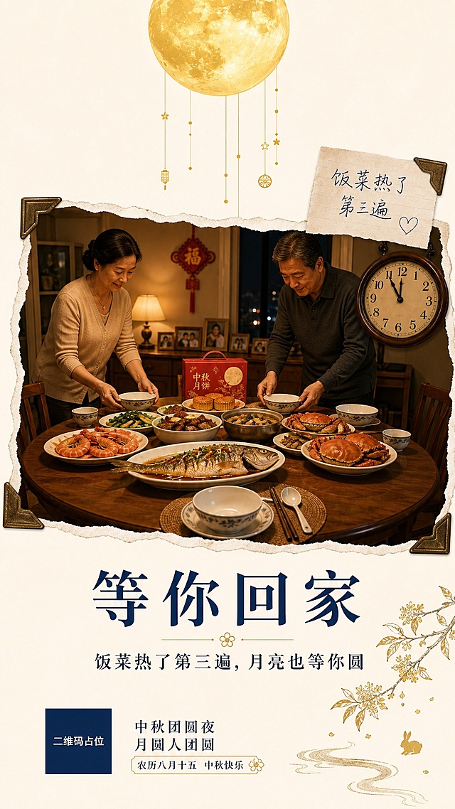 竖版中秋节日海报，1080x1920，留白式构图，月白色纯净底色。画面上方同一轮鎏金满月，几条细细的金线从月亮边缘自然垂下。画面中部为摄影拼贴风格的主视觉：温馨家中餐厅场景，暖黄灯光笼罩，圆桌上摆满丰盛菜肴——整条鱼、大虾、螃蟹、月饼礼盒，两位中年父母正在桌边摆放碗筷，桌上特意多摆了一副空碗筷，暗示等待远方的孩子回家。拼贴元素采用撕纸边缘效果，四角有复古老照片角贴固定，右上角贴有手写便签纸条写着"饭菜热了第三遍"，旁边有一只老式挂钟指向深夜。画面底部深墨蓝文字，主标题为"等你回家"，副标题为"饭菜热了第三遍，月亮也等你圆"，字体优雅宋体。整体配色：月白底 + 鎏金点缀 + 深墨蓝文字。温暖思念的中秋团圆氛围，真实照片拼贴质感，高级留白设计，版式精美。画面中所有二维码区域使用纯色方块占位符呈现，方块中央标注"二维码占位"文字，严禁生成任何可识别的二维码图案。画面中所有信息区域必须填充完整合理的内容，不得出现空白框、空白占位、横线待填写区域，确保是完整可用的成品海报。