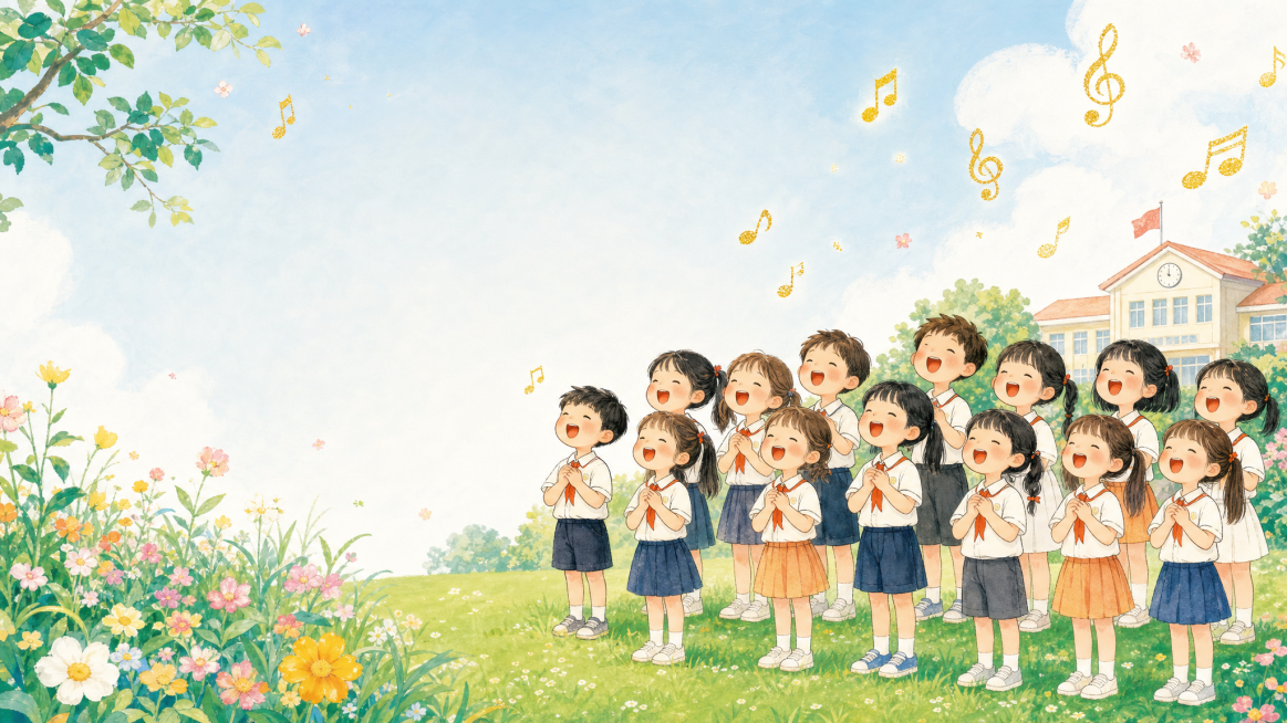 根据参考图生成校园童谣班级合唱PPT背景图，横屏16:9，金色音符淡淡地飘在空中，小学生站在草坪花丛中一起合唱，脸上洋溢着笑容，点缀小花朵，丙烯画风，颜色鲜艳，画面简洁好看预览效果