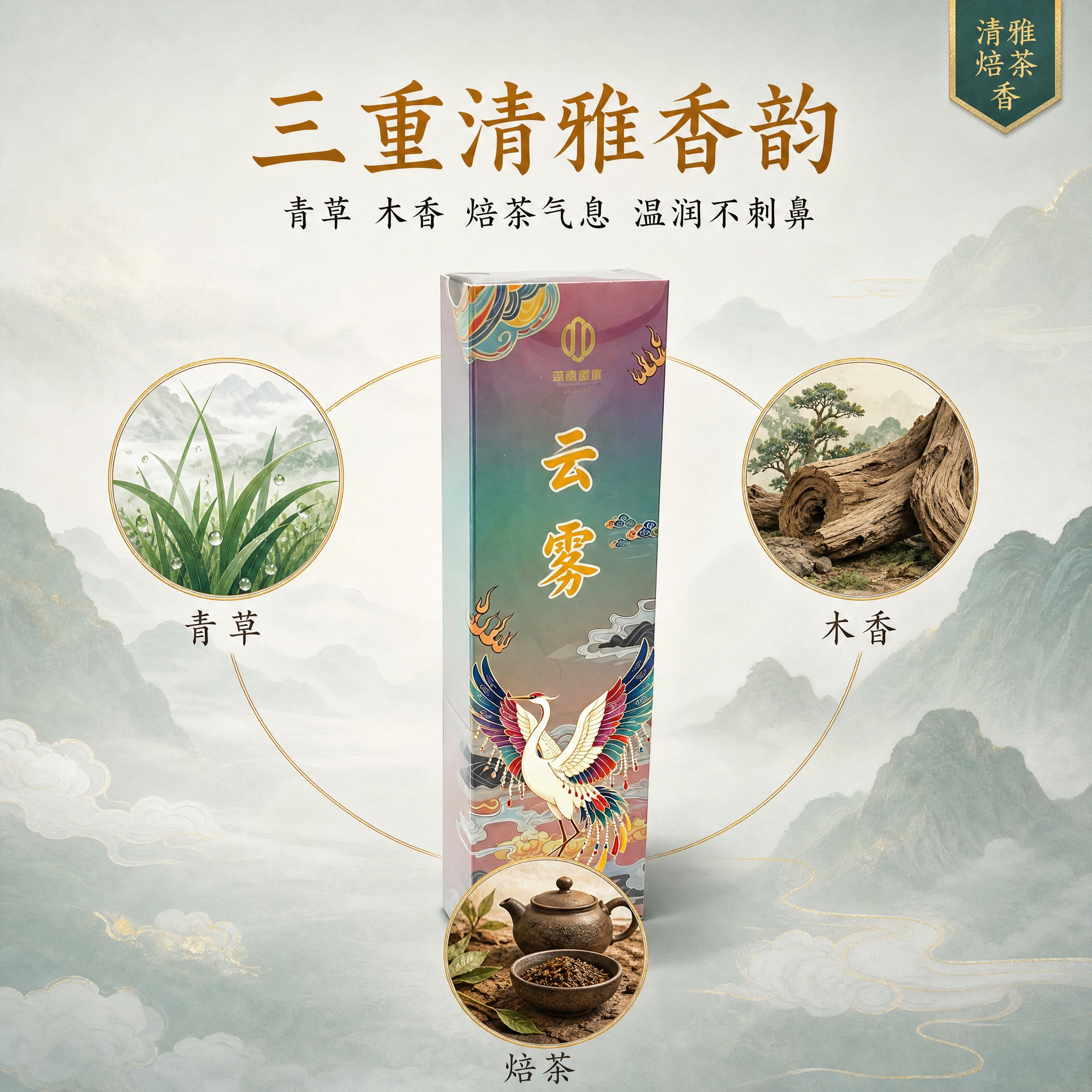 [主图-3] 卖点2：三重清雅香韵，展示青草、木香、焙茶三种香… - 图片创意预览