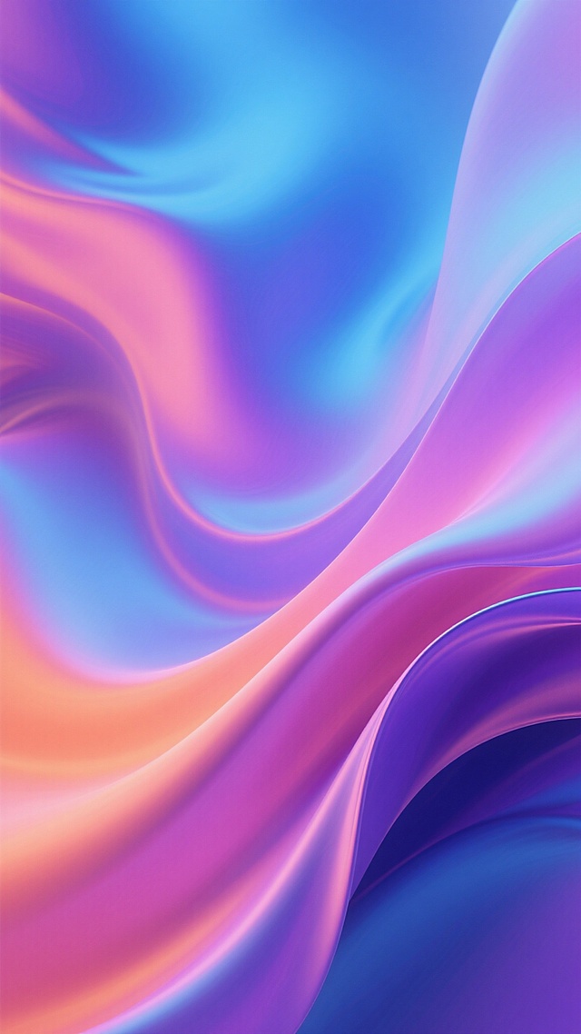 色彩丰富的流体渐变背景，以蓝色、紫色、粉色和橙色为主色调，呈现出柔和的色彩过渡和流动感，具有细腻的丝绸质感，整体画面充满动感和韵律美，色彩搭配和谐统一，给人一种梦幻、柔和且富有层次感的视觉体验。