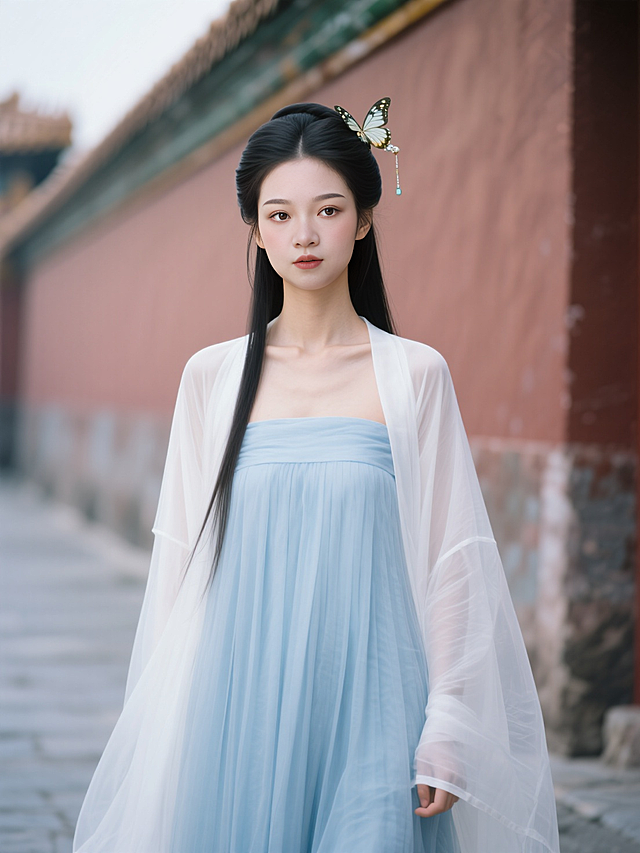 提示词
人物穿上淡蓝色长裙，外披白色纱衣，露出线条优美的颈项和清晰可见的锁骨，裙幅褶褶，背景是宫墙，头插蝴蝶钗，一缕青丝垂在胸前，古代秀女形象