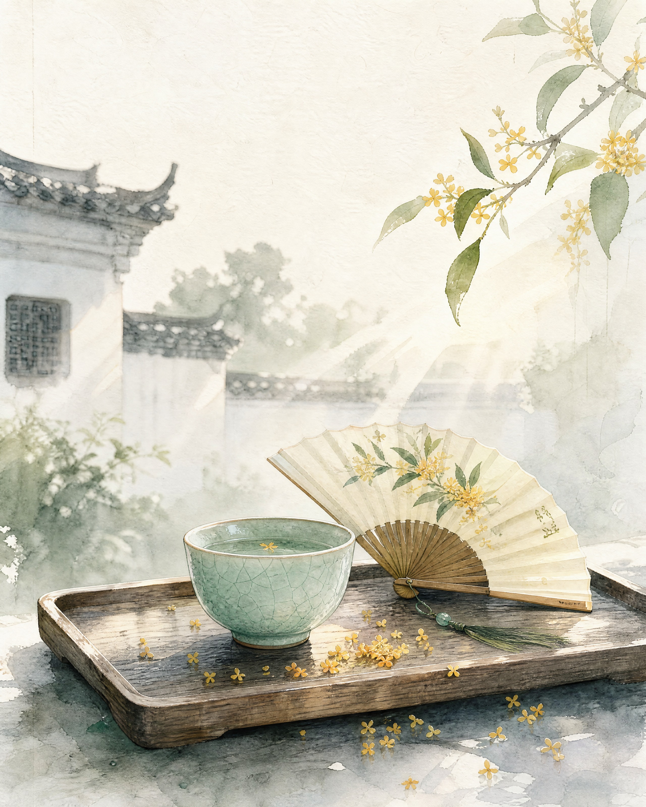 国风水彩插画，青瓷茶杯配桂花折扇，原木茶盘，背景江南庭院晨光雾… - 图片创意预览