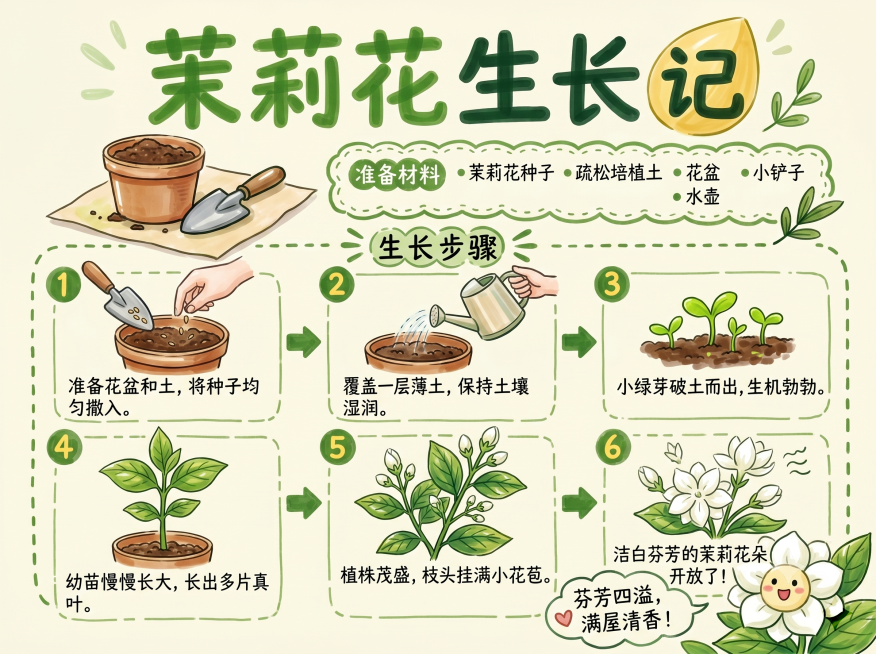 参考参考图的手绘画报排版风格，创作茉莉花生长记科普手绘海报，横版尺寸297*210，马克笔手绘风格，绿色清新配色，主标题为"茉莉花生长记"，分步骤展示茉莉花从播种、发芽、长出花苞到开花的完整生长过程，预览效果