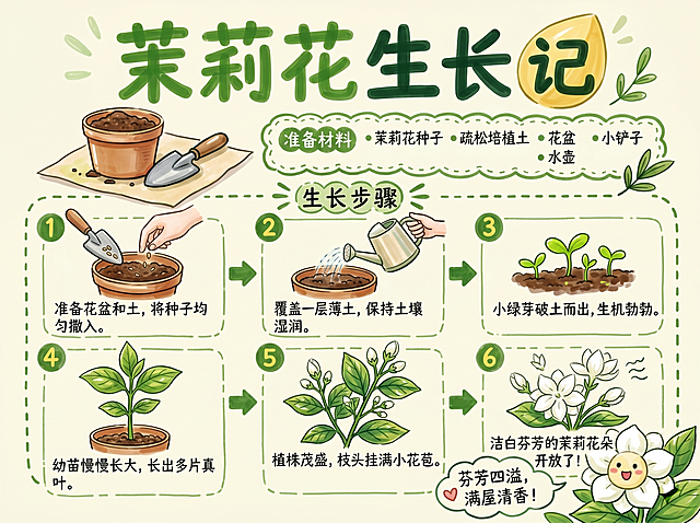 参考参考图的手绘画报排版风格，创作茉莉花生长记科普手绘海报，横版尺寸297*210，马克笔手绘风格，绿色清新配色，主标题为"茉莉花生长记"，分步骤展示茉莉花从播种、发芽、长出花苞到开花的完整生长过程，带有清晰的步骤文字说明，整体排版和参考图一致，卡通可爱，步骤分框展示，标题醒目
