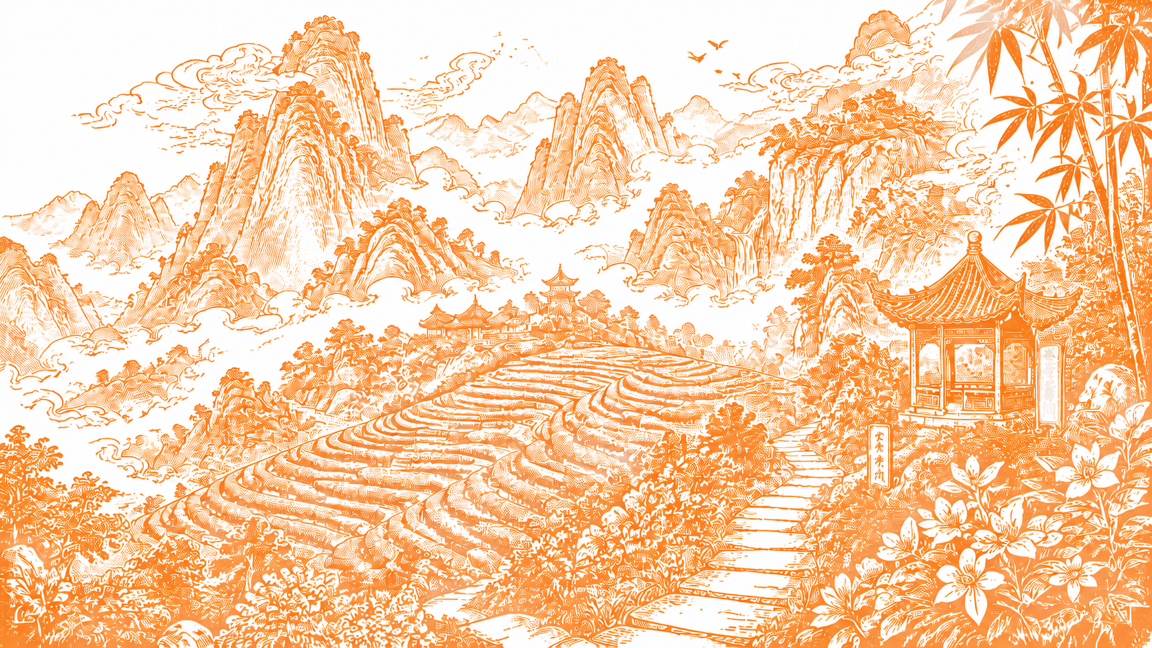 参考图中的中国传统版画风格山水梯田凉亭竹林画面，保持所有构图、… - 图片创意预览