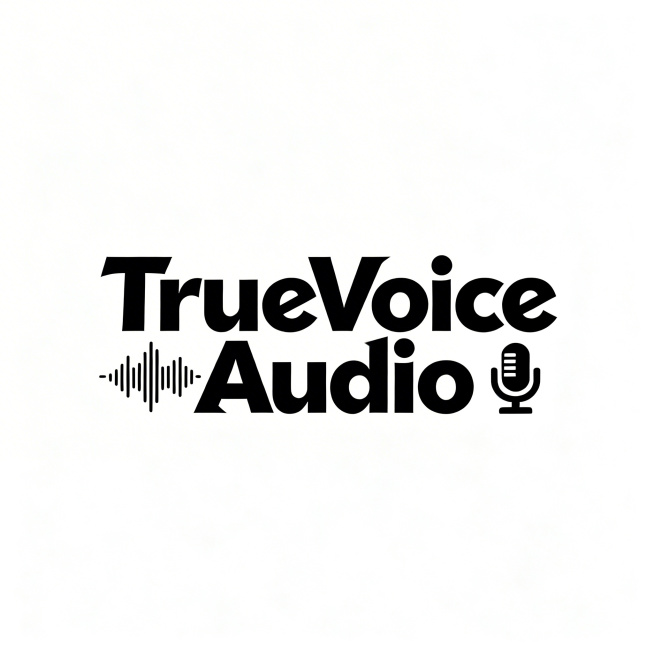 新潮风格LOGO，黑底背景，主体是文字TrueVoice Audio，采用与之前所有版本都不同的创意潮流字体设计，融入极简音频相关视觉符号，风格年轻化、有记忆点，符合品牌标识使用要求预览效果