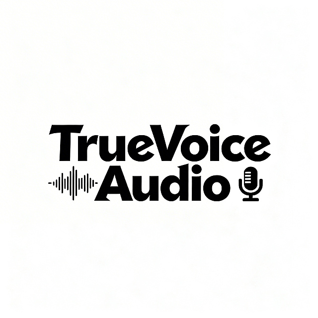 新潮风格LOGO，黑底背景，主体是文字TrueVoice Audio，采用与之前所有版本都不同的创意潮流字体设计，融入极简音频相关视觉符号，风格年轻化、有记忆点，符合品牌标识使用要求