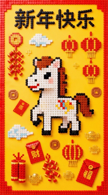 请将海报改成9：16的比例，并按照新的比例增添小马周围的装饰物，一律使用拼豆风格预览效果