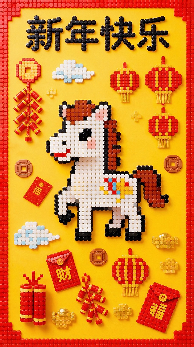 像素风微缩艺术，卡通马儿喜迎新年，红黄配色充满喜庆感，拼贴式元素点缀节日氛围。