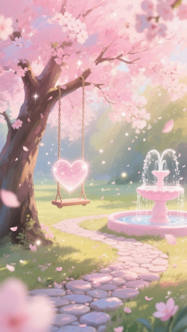 A romantic and idyllic cartoon scene, a heart-shaped swing hanging from a giant pink cherry blossom预览效果
