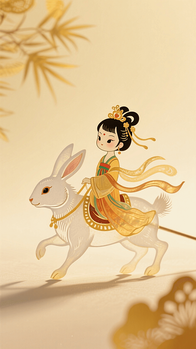 白色的毛绒绒的兔子，驮着一个嫦娥装扮的迷你的Q版小女孩（坐在上面），干净的浅黄色背景