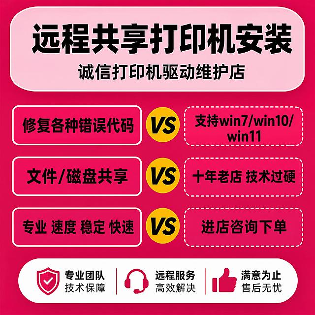 [单张主图] 工程打印机驱动安装远程服务，爆款促销感主图，目标突出专业可信的服务，吸引淘宝天猫用户下单。参考图为玫红色对比版式设计，采用顶部大标题型版式：顶部占28%放主标题和店铺信息，中部占55%放服务卖点对比，底部占17%放转化信息；保持原图核心内容结构不变，优化视觉美观度。主体内容保留原参考图全部服务信息：顶部浅粉色圆角框，主标题"远程共享打印机安装"，副标题"诚信打印机驱动维护店"；中部三行对比内容：第一行左侧白框文字"修复各种错误代码"，黄色VS圆标，右侧虚线框文字"支持win7/win10/win11"；第二行左侧白框文字"文件/磁盘共享"，黄色VS圆标，右侧虚线框文字"十年老店 技术过硬"；第三行左侧白框文字"专业 速度 稳定 快速"，黄色VS圆标，右侧虚线框文字"进店咨询下单"。保持文字内容、排版位置和整体结构与参考图一致，优化字体清晰度和对比度，让文字更醒目易读。光影：主体清晰，色块干净，对比分明，光线均匀，文字清晰不模糊。配色：主背景沿用参考图深玫红色，顶部框浅粉色，VS对比标黄色，文字黑色，边框白色，保持原有配色，优化色彩饱和度让整体更美观协调。字体：无衬线粗体，文字层级分明，主标题最大最粗，卖点文字次之，清晰可读。比例分辨率：1:1 比例，2048px*2048px，2k分辨率，文字清晰可辨。负向提示词：变形，水印，错字，糊字，伪Logo，主体遮挡，背景杂乱，低清晰度，错误结构，文字错乱