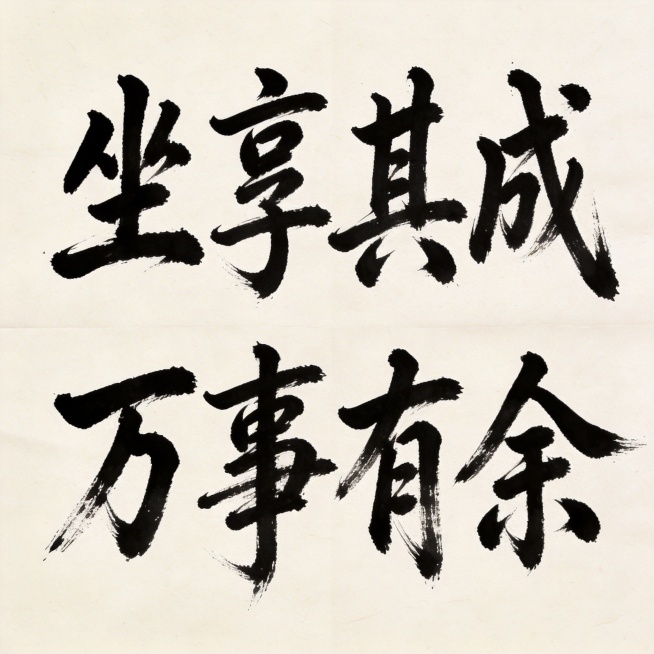 干净的米白色宣纸背景，带有纸张纹理。平面书法字体设计，八个字“坐享其成万事有余”，传统草书风格，黑色字体，带有飞白枯笔效果，笔墨浓淡变化自然，笔画流畅苍劲，两行排列每行四个字，文字完整，四周留有宣纸留预览效果