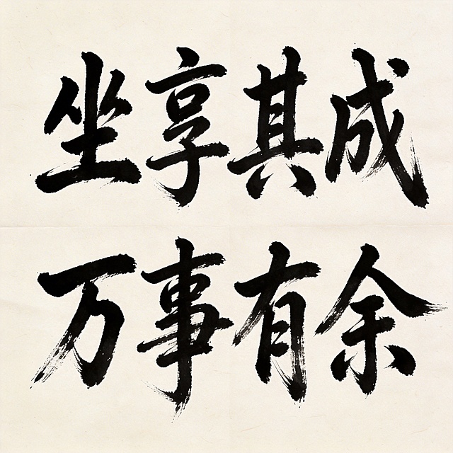 干净的米白色宣纸背景，带有纸张纹理。平面书法字体设计，八个字“坐享其成万事有余”，传统草书风格，黑色字体，带有飞白枯笔效果，笔墨浓淡变化自然，笔画流畅苍劲，两行排列每行四个字，文字完整，四周留有宣纸留白，原创设计无版权风险。比例1:1