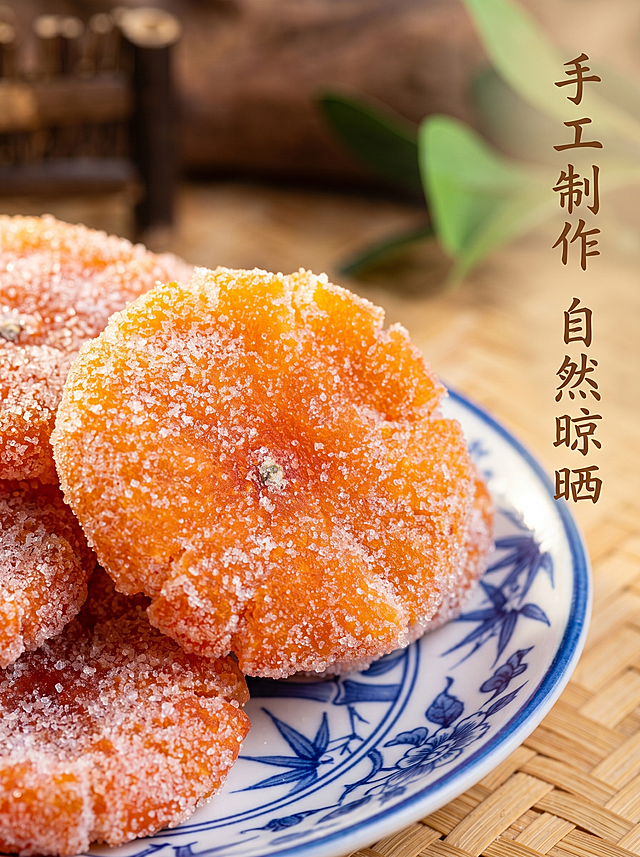 [主图 7竖版] 红糖桔饼细节展示竖版主图，复古怀旧中国风，温暖治愈氛围。保持红糖桔饼外观（物理结构、糖霜质感、橘红色泽）与输入产品图绝对一致，杜绝任何变形色差，精细化处理。微距特写整块红糖桔饼，极致放大表面糖霜颗粒和油润光泽，桔饼放置在复古青花盘一角，斜向构图增强层次感，竹编纹理背景虚化衬托主体。商品主体占比75%，画面满屏无边框。商业摄影质感，光线柔和通透，产品清晰真实，画面干净高级，8k超高清。右侧中部留白区域放置手写体卖点文字，不遮挡主体。光影：暖黄色侧逆光，糖霜颗粒形成细碎高光，突显纹理质感，轮廓光分离主体和背景。配色：主色调橘红棕色，背景浅焦糖色，整体暖调复古。视角：微距平视，大光圈浅景深突出表面纹理细节。文字版式：右侧负空间竖向留白，预留位置给手写体卖点“手工制作 自然晾晒”，不遮挡主体。比例分辨率：3:4比例，2k分辨率，文字清晰锐利，超高清。负向提示词：变形，水印，文字错乱，产品图模糊，背景杂乱，糖霜结块，颜色失真。