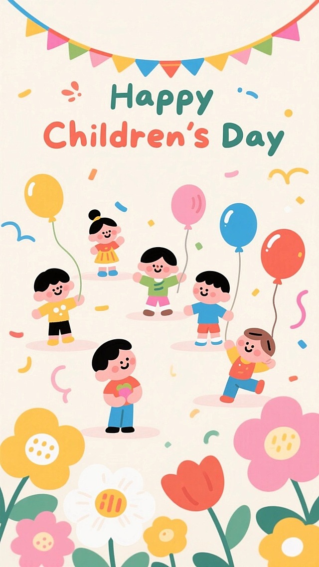 多个小人和卡通花朵。背景为米白色，整体分布一些彩带和气球填充画面，顶部飘带式英文文案“Happy Children's Day”