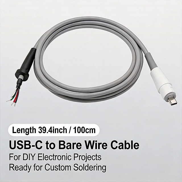 [Main Image 5] Product size specification. Keep original product appearance, add clear dimension labels in Inch and CM on light gray background: Length 39.4inch / 100cm. Add English specification notes: "USB-C to Bare Wire Cable", "For DIY Electronic Projects", "Ready for Custom Soldering". All text in English, clean layout. 1:1 square.