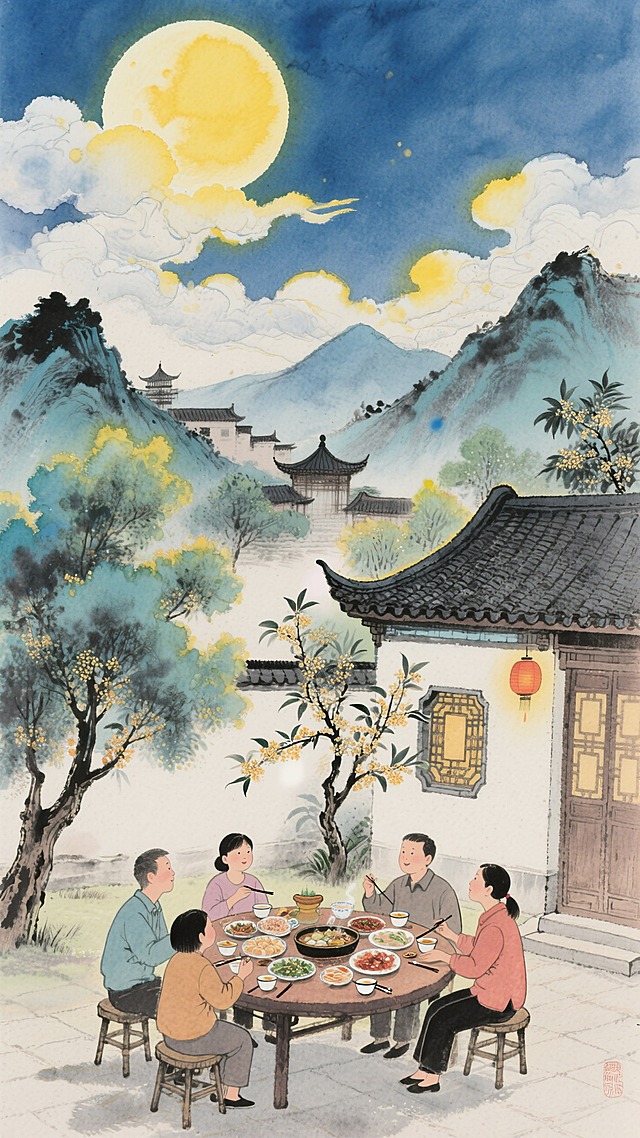 一轮明亮的圆月高挂天空，周围点缀着云朵和黄色光斑。近处是中式庭院，一家人围坐在圆桌旁吃团圆饭，桌上摆满食物，旁边有中式房屋，屋前有桂花枝，周围树木葱郁，远处是山峦和中式建筑