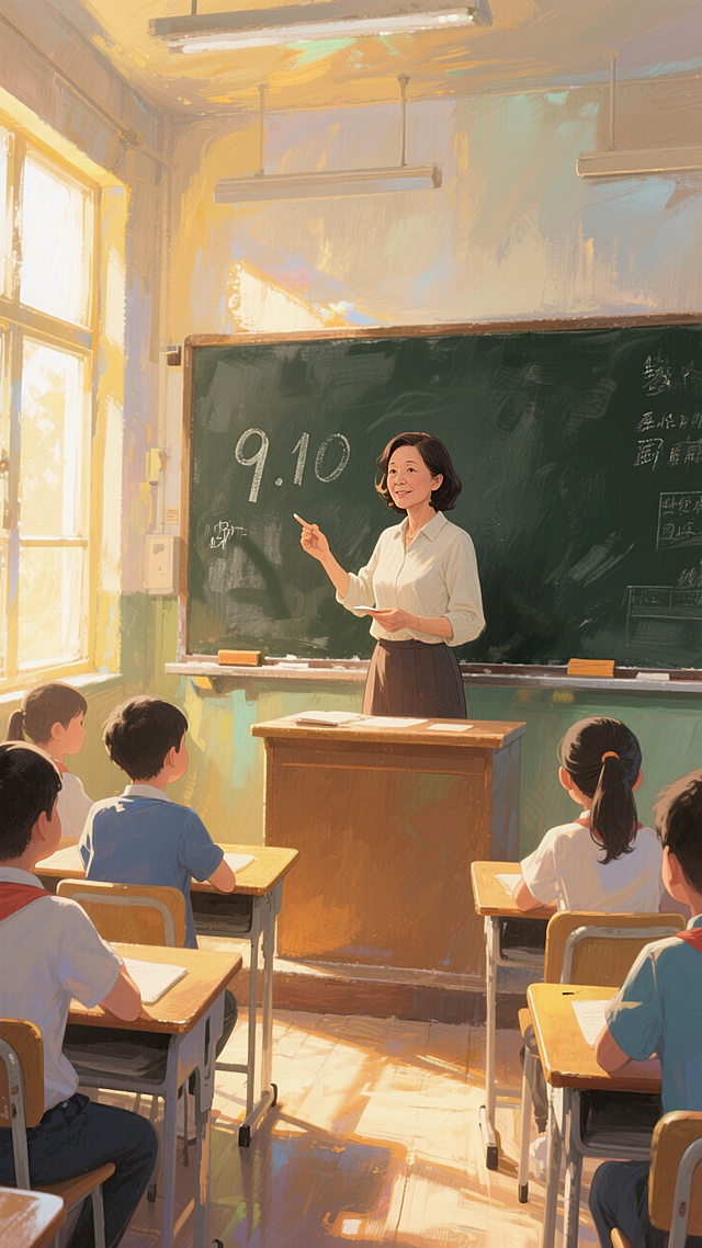 教室日常上课场景，特写中年女教师黑板前专注授课，黑板上写了9.10，学生听讲，暖黄阳光透过窗户洒入，营造柔和光影，画面重心居下