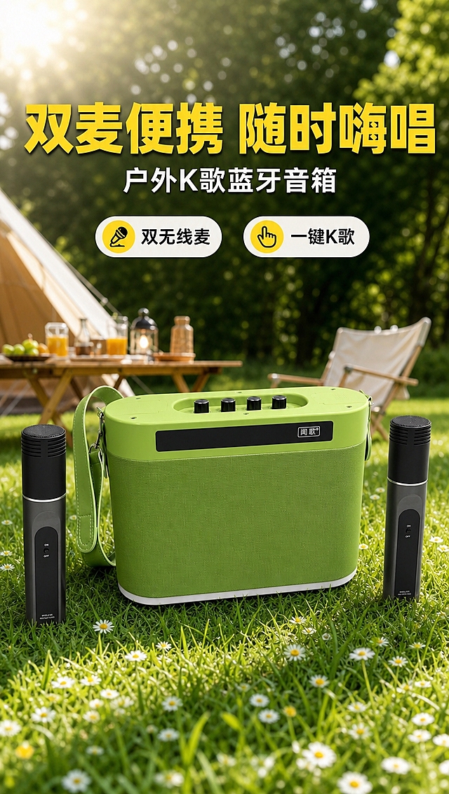 [商品] 使用【图1】闻歌户外K歌蓝牙音箱，果绿色主机 + 2支黑色无线麦克风；保留产品整体结构、果绿色外壳、正面网罩、顶部四个黑色旋钮、正面黑色显示屏区域及"闻歌"Logo、背带设计、麦克风外观与颜色，不改变产品比例和材质。
[画面] 页面目标：头图海报，突出双麦便携户外K歌的核心卖点；场景氛围型构图，户外露营草地场景，产品位于画面中下部，占画面约55%，正面微侧角度展示，两支麦克风分立两侧；前景是翠绿草地与白色小野花，中景是木质野餐桌、帐篷、折叠椅，背景是虚化的树林和阳光光斑；顶部大标题区留白充足，阅读动线从上到下。
[视觉] 套系策略：风格=清新户外生活风商业摄影；标题字=粗黑无衬线简体中文字体；正文字=简洁无衬线简体中文字体；主色=果绿色（与产品外壳一致）；背景延展=基于果绿色做深浅层级，搭配自然草地绿、阳光暖黄、米白浅卡其；强调色=暖黄色，仅用于小面积图标、引线、标签和重点文字高亮；标题色=深炭灰/黑色；正文色=中深灰；组件=圆角信息卡、细线引线、圆形图标底；光影=自然日光，左前侧暖光，柔和阴影。
[文字] 顶部大标题"双麦便携 随时嗨唱"（黄色粗体大字），副标题"户外K歌蓝牙音箱"（白色/深灰中字），下方配2个短卖点标签"双无线麦""一键K歌"；文字全部横向排版，不遮挡产品主体和Logo。
[规格] 图片比例9:16竖版，4K分辨率，淘宝/天猫详情页适配；负向提示：避免产品变形、颜色偏差、文字过小、文字竖排、极限词、白底孤立产品、水印、二维码。