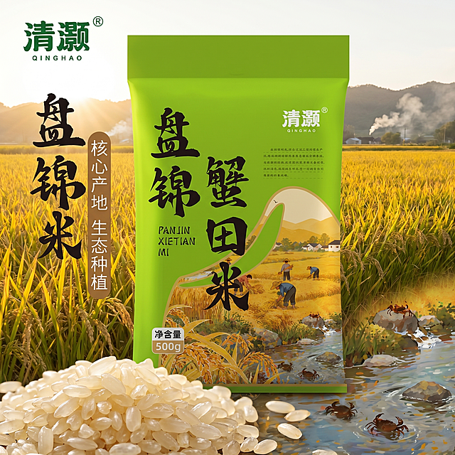 [主图-1]盘锦蟹田米产品首图，突出天然产地与新鲜食欲。
[氛围风格] 天然有机风，浓郁稻田氛围感，食欲感十足；
[画质] 商业摄影质感，光线柔和通透，产品清晰真实，画面干净高级，2K分辨率，文字清晰可辨。
[元素] 清灏品牌盘锦蟹田米包装袋居中放置，包装袋前方散落着饱满晶莹的煮熟蟹田米粒，背景融入真实金黄盘锦稻田，远处有袅袅炊烟和低矮乡村民居，溪水中点缀几只鲜活螃蟹，阳光洒在稻穗上泛着金黄光泽。保持产品包装袋外观（物理结构、材质质感、颜色）与输入产品图绝对一致，杜绝任何变形和色差，精细化处理。商品主体占比严格控制在65%左右，画面满屏无边框。
[光影] 自然暖阳逆光，从稻穗后方照射，突出米粒的通透油亮质感，光线柔和温暖，阴影过渡自然，整体通透不灰蒙，高光不溢出，暗部有层次。
[配色] 主色调为稻田自然黄绿色，搭配米粒珍珠白、螃蟹棕褐色，整体清新自然，充满生机。
[视角构图] 平视角度，景深适中，产品主体居中，前景米粒、中景产品、背景稻田层次分明，产品完整不裁切。
[文字版式] 左上角负空间放置提取出的原品牌Logo"清灏"，保留原字形和配色，不遮挡主体。大字主文案"盘锦蟹田米"放置在左侧，黑色大号粗书法字体，下方小字辅助文案"核心产地 生态种植"，浅棕色小号字体，文字与背景对比清晰，不遮挡主体。
[比例分辨率] 1:1比例，2K分辨率；文字清晰锐利，画面超高清。
[负向提示词] 变形，水印，文字错乱，产品图模糊，背景杂乱，色差，遮挡主体。
