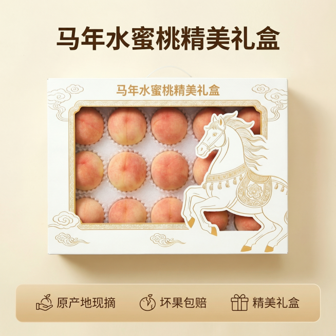 [主图 5] 整箱展示，服务承诺，促进下单。[氛围/风格] 田园治愈风，干净简洁，信任背书。[画面元素] 马年水蜜桃礼盒完整居中展示，打开盒盖露出12颗排列整齐的水蜜桃，展示完整容量，背景干净浅米色。预览效果