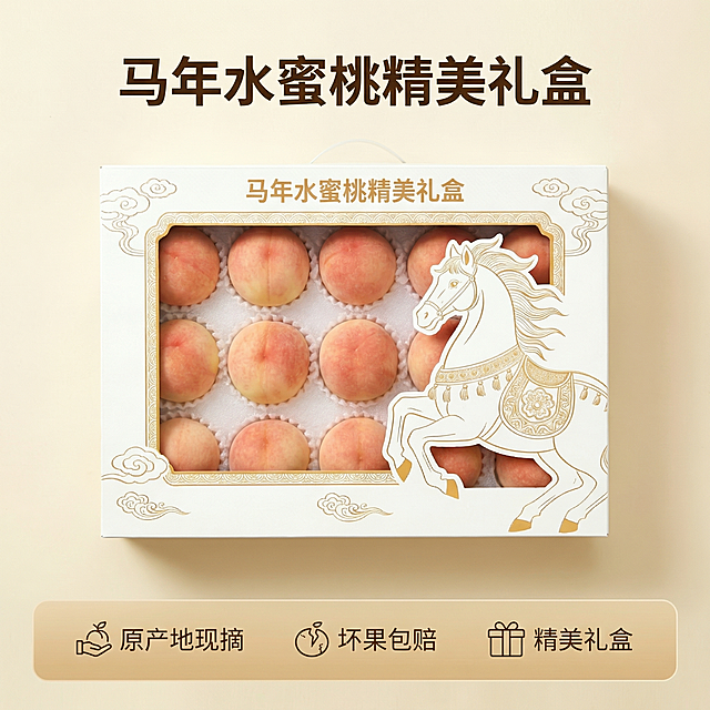 [主图 5] 整箱展示，服务承诺，促进下单。[氛围/风格] 田园治愈风，干净简洁，信任背书。[画面元素] 马年水蜜桃礼盒完整居中展示，打开盒盖露出12颗排列整齐的水蜜桃，展示完整容量，背景干净浅米色。[配色色系] 保持米白、蜜桃粉、烫金统一配色。[视角构图] 平视打开视角，完整展示内部布局。[文字版式] 底部设置半透明悬浮条（两端留空），横向排列三个服务承诺：「原产地现摘」「坏果包赔」「精美礼盒」，图标+文字简洁排列，主标题「马年水蜜桃精美礼盒」在上侧居中加粗。[比例分辨率] 1:1 比例，2k 分辨率。保持产品外观和参考图一致。
