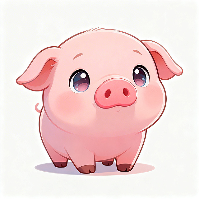 可爱Q版小猪，圆滚滚的软萌造型，大大的水汪汪眼睛，粉嫩嫩的皮肤和鼻子，耳朵耷拉着，神态憨态可掬，色彩明亮治愈，卡通插画风格，纯色简约背景，整体风格软萌可爱
