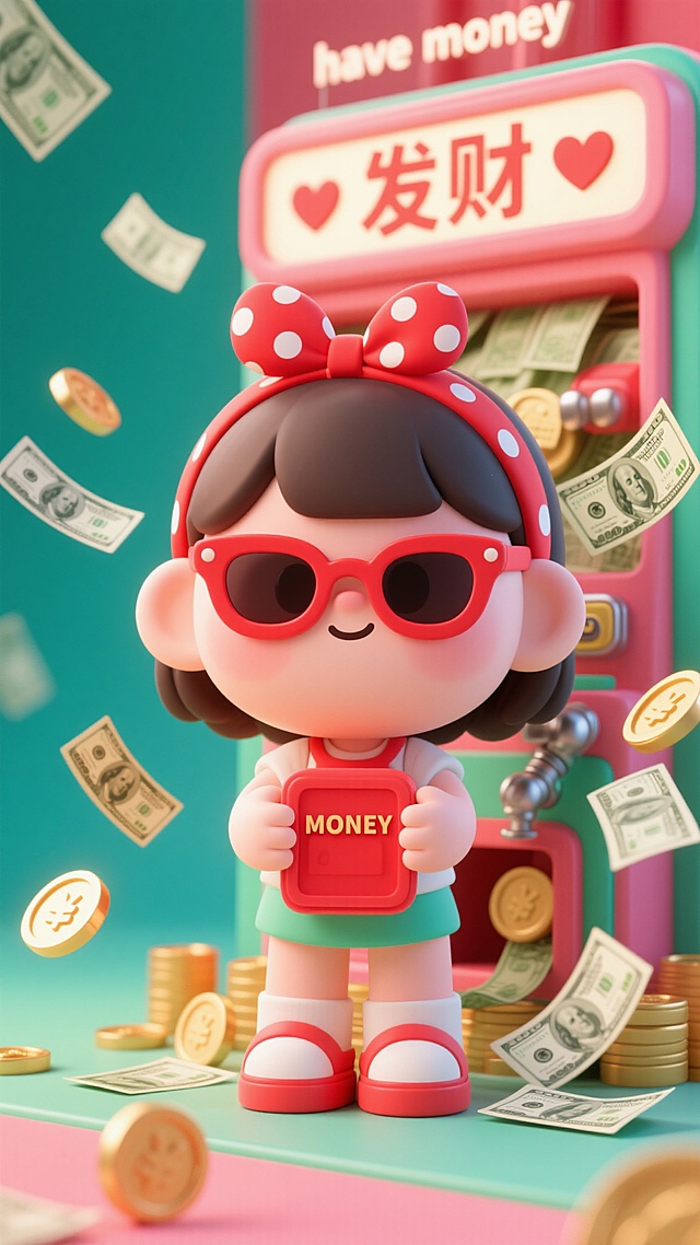 软3D风格卡通女孩，戴红框墨镜与波点蝴蝶结，手持“MONEY”红包，背景财神机喷涌金币钞票，充满可爱、喜庆与拟人趣味，节日氛围浓厚。