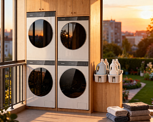 A cozy and bright laundry balcony at sunset. The washing and drying machine set from the reference image is stacked and integrated into a warm light oak wood cabinet. Next to the machines, there are neatly organized laundry detergent bottles in aesthetic dispensers. Large windows in the background showing a blurred city garden view. Soft golden hour sunlight, realistic fabric textures on a few folded towels nearby. Highly detailed, cozy atmosphere, shot on Sony A7R4, realistic reflections on the glass doors of the machines.