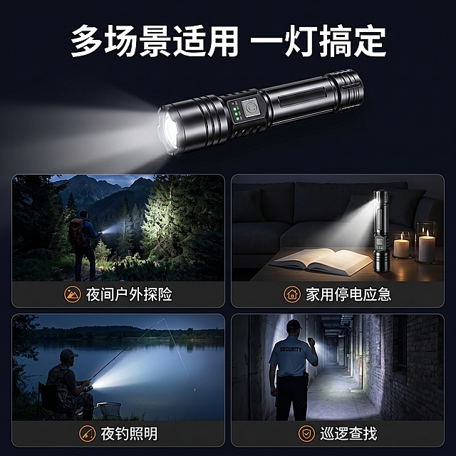 「图片1」「图片1」「图片1」「图片1」「图片1」「图片1」「图片1」「图片1」「图片1」生成一套主图（10张），商品名称是变焦强光远射手电，卖点是Type-C充电口（隐藏设计）附赠吊绳和充电数据线，伸缩变焦，内置锂电池，内置过充过放智能芯片，放电时长6-12小时，光源模式强光、普光、爆闪、无极调光，带有电量指示灯，适配拼多多平台，主图比例为1:1文案要高点击高转化，主图第一张要具有吸晴效果。更换合适的背景及场景