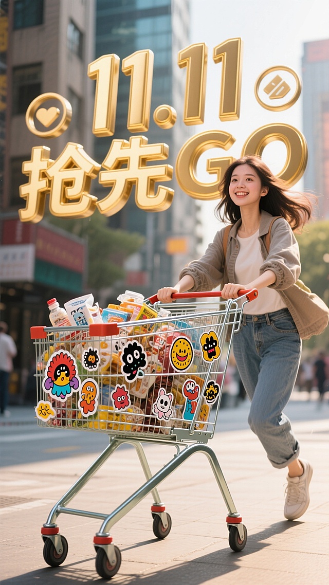 3D风鎏金大字“11.11抢先GO”悬浮街头，搭配emoji风贴纸购物车，融合卡通感与时尚潮流，光影流动中传递双十一促销狂欢的体积感与可爱氛围。