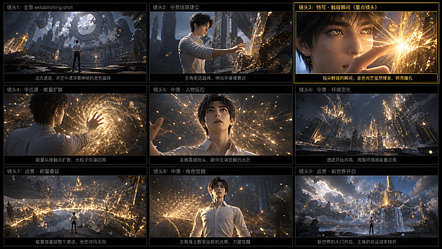 九宫格分镜图第三个镜头，3x3网格布局，电影感序列，Unreal Engine 5渲染，全局光照，光线追踪，3D精致渲染，CG艺术，3D模型，国漫3D风格，主角为穿白色修身衬衫、黑色西裤、黑色皮鞋的东亚男性，造型统一。镜头3:特写，指尖触碰到生机的瞬间，金色光芒炸开，清晰照亮主角的瞳孔，画面比例16:9