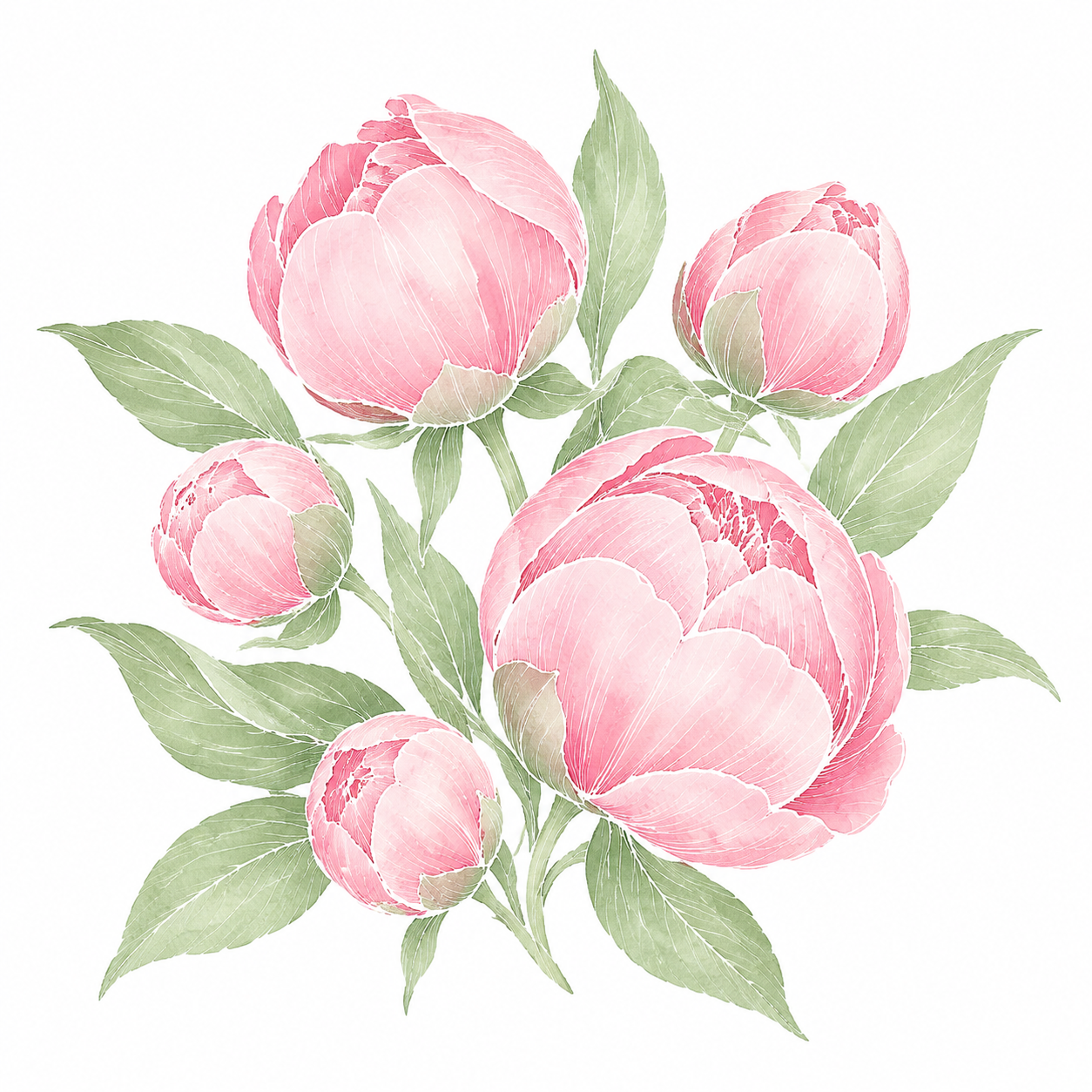 基于这张粉色水彩线描花朵插画，生成同系列的花苞图：几个大小不一… - 图片创意预览