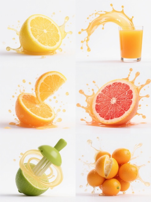 六张系列素材集合，每张均为高分辨率3D写实风格水果饮品插画，纯白纯色背景，画面主体为不同柑橘类水果及对应果汁的动态飞溅效果，保持一致的明亮橙黄色调、通透液体质感、清晰水珠细节和动感构图，元素分别为：1. 完整柠檬被切开瞬间汁水四溅 2. 葡萄柚果肉与果汁形成拱形飞溅 3. 蜜桔瓣从果壳中爆出并伴随液滴 4. 血橙切片与浓稠果汁的放射状喷溅 5. 青柠榨汁过程中的螺旋状汁水轨迹 6. 金桔群被挤……预览效果