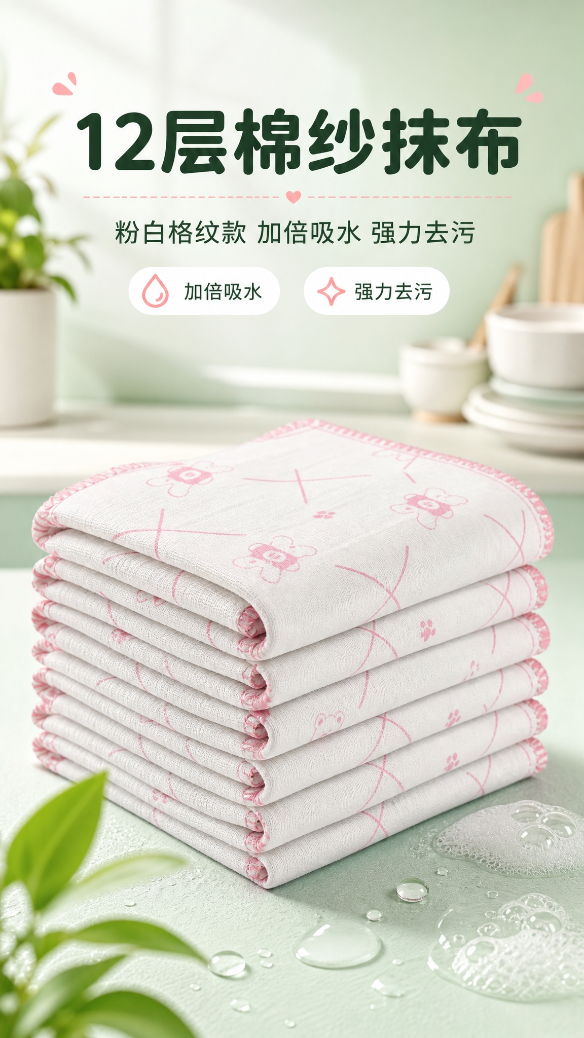 [商品] 使用【图1】新款棉纱抹布，粉白格子图案+粉色锁边；商… - 图片创意预览