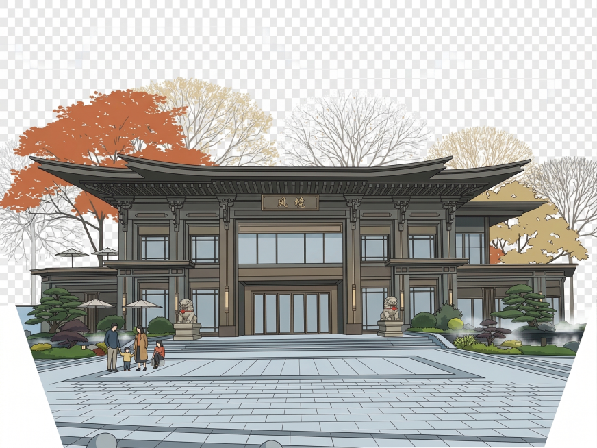 将第一张实景门面建筑转化为第二张参考图的插画风格，保留原建筑结构，参考第二张的平涂插画质感，让天空区域保持透明效果预览效果