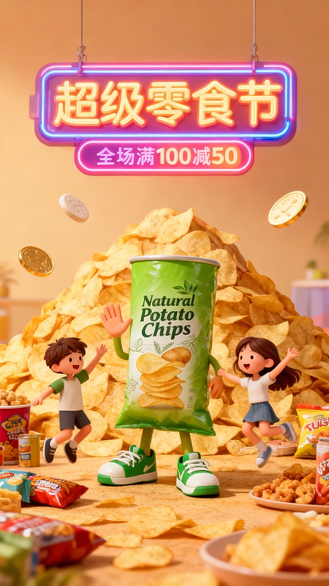 一个拟人化的图中零食包装站在中央，穿着绿色运动鞋，用手打招呼，周围有两位快乐跳跃的小孩（一男一女），背景是薯片堆成的山，旁边有各种零食，空中漂浮着钙片金币，主标题为霓虹灯牌“超级零食节，主标题下方有“全场满100减50”标签，整体风格均为3D卡通渲染，色彩明亮温暖，充满活力，适合零食广告宣传。