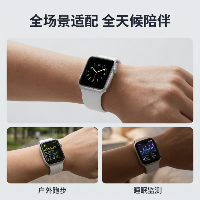[主图 4] 智能手表多场景使用体验主图
[氛围风格] 统一轻科技生活风，自然实用
[画质] 商业摄影质感，光线柔和通透，产品清晰真实，画面干净高级，超高清
[元素] 采用上下分块画中画布局，上半部分预览效果