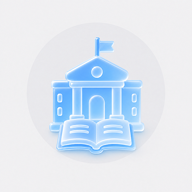 生成大学图标，主体为校园建筑书本体现大学主题，蓝色磨砂玻璃风格，参考图中浅蓝色玻璃质感，渐变透明，圆角立体，浅灰色圆形背景，保持和示例一致的设计风格